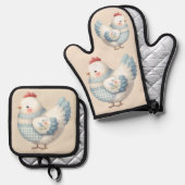 Blauw Gingham Cottage Kip Ovenwant & Pannenlap Set (Voorkant / Achterkant)
