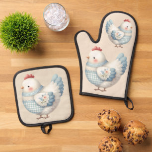 Blauw Gingham Cottage Kip Ovenwant & Pannenlap Set