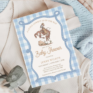 Blauw Gingham Cowboy Baby Shower Kaart