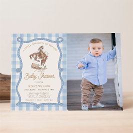 Blauw Gingham Cowboy Foto Baby Shower Kaart