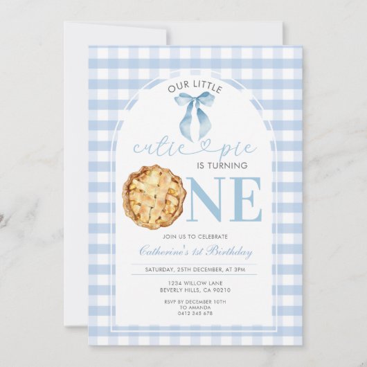 Blauw Gingham Cutie Pie Eerste Verjaardagsuitnodig Kaart (Voorkant)