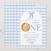 Blauw Gingham Cutie Pie Eerste Verjaardagsuitnodig Kaart (Voorkant / Achterkant)