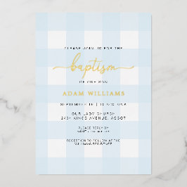 Blauw Gingham Doop Uitnodiging met Goud Folie