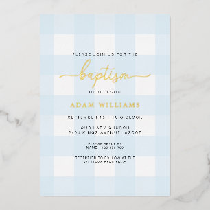 Blauw Gingham Doop Uitnodiging met Goud Folie