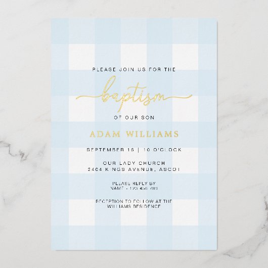 Blauw Gingham Doop Uitnodiging met Goud Folie (Voorkant)