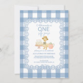 Blauw Gingham Dwaze Gans 1e Verjaardag Kaart (Voorkant)
