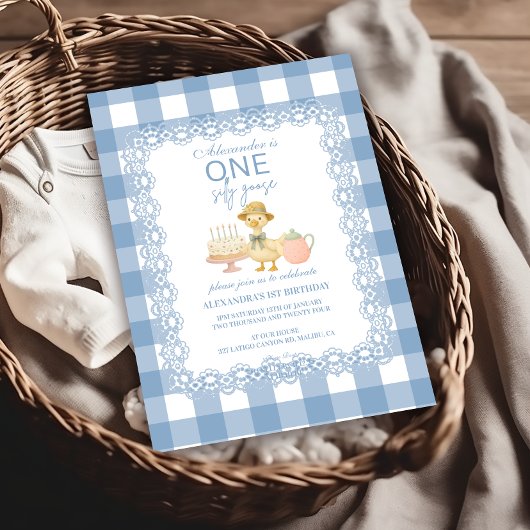 Blauw Gingham Dwaze Gans 1e Verjaardag Kaart