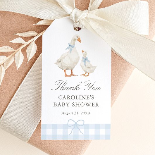 Blauw Gingham Dwaze Gans Baby Shower Cadeaulabel