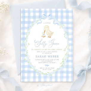 Blauw Gingham Dwaze Gans Baby Shower Kaart