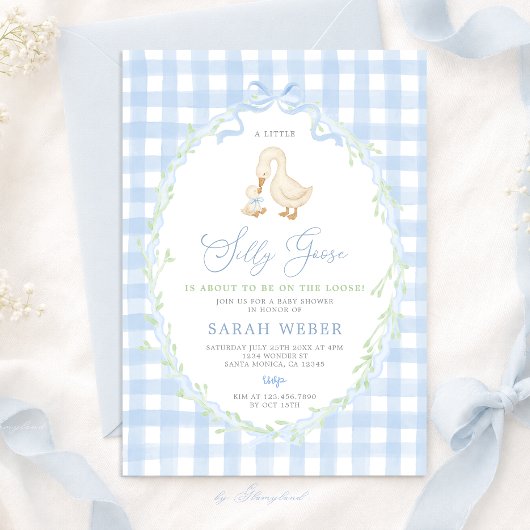 Blauw Gingham Dwaze Gans Baby Shower Kaart