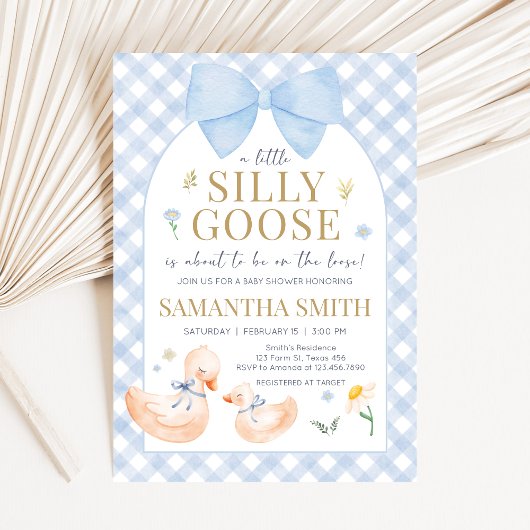 Blauw Gingham Dwaze Gans Baby Shower Kaart