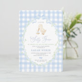 Blauw Gingham Dwaze Gans Baby Shower Kaart (Staand voorkant)