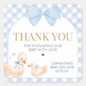 Blauw Gingham Dwaze Gans Baby Shower Vierkante Sticker (Voorkant)