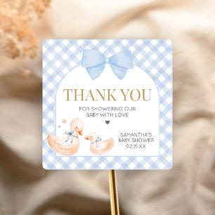 Blauw Gingham Dwaze Gans Baby Shower Vierkante Sticker