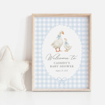 Blauw Gingham Dwaze Gans Baby Shower Welkom Bord
