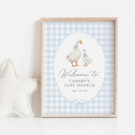 Blauw Gingham Dwaze Gans Baby Shower Welkom Bord Poster