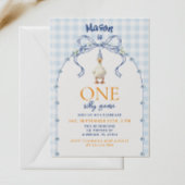 Blauw Gingham Dwaze Gans Eerste Verjaardag Schatti Kaart