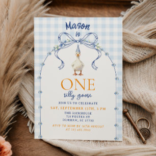 Blauw Gingham Dwaze Gans Eerste Verjaardag Schatti Kaart