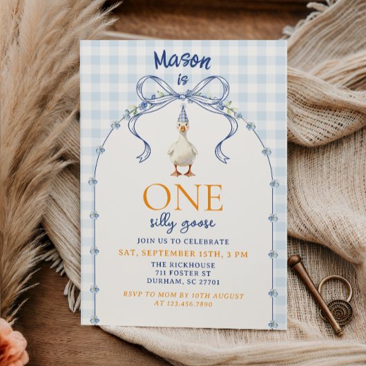 Blauw Gingham Dwaze Gans Eerste Verjaardag Schatti Kaart