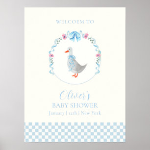 Blauw Gingham Dwaze Gans Jongens Baby Shower Welko Poster