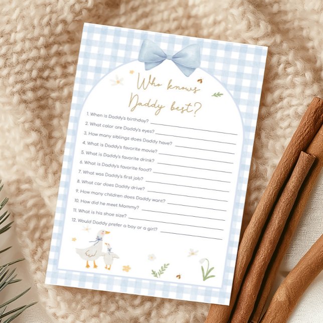 Blauw Gingham Dwaze Gans Shower Wie Weet Spel (silly Goose Baby Shower Game)