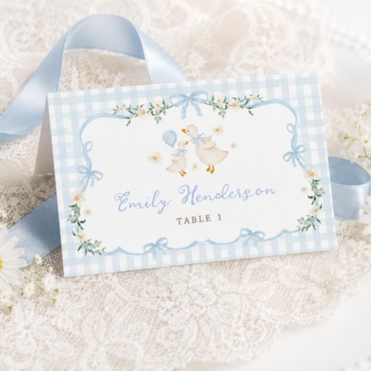 Blauw Gingham Dwaze Gans Tafelplaatskaarten Kaart