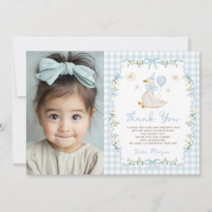 Blauw Gingham Eén Dwaas Ganzen Verjaardagsfoto Bedankkaart
