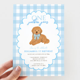 Blauw Gingham Eén Gouden Jaar 1e Verjaardag Puppy Kaart
