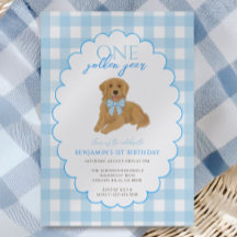 Blauw Gingham Eén Gouden Jaar 1e Verjaardag Puppy