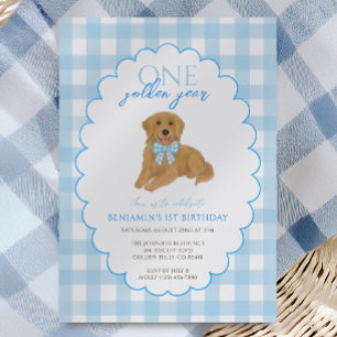 Blauw Gingham Eén Gouden Jaar 1e Verjaardag Puppy Kaart