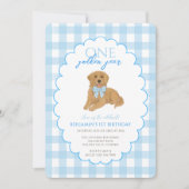 Blauw Gingham Eén Gouden Jaar 1e Verjaardag Puppy Kaart (Voorkant)