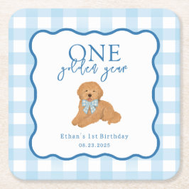 Blauw Gingham Eén Gouden Jaar Eerste Verjaardag Kartonnen Onderzetters