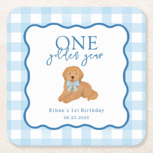 Blauw Gingham Eén Gouden Jaar Eerste Verjaardag Kartonnen Onderzetters