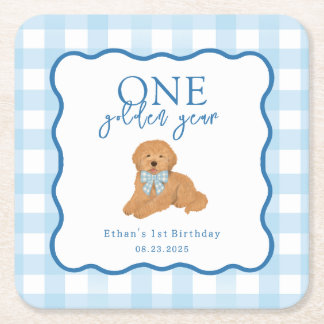 Blauw Gingham Eén Gouden Jaar Eerste Verjaardag Kartonnen Onderzetters