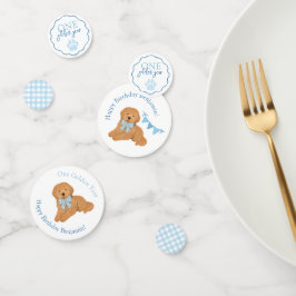 Blauw Gingham Eén Gouden Jaar Puppy Verjaardag Taf Confetti