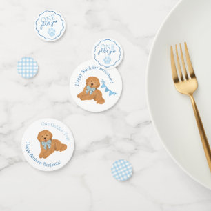 Blauw Gingham Eén Gouden Jaar Puppy Verjaardag Taf Confetti