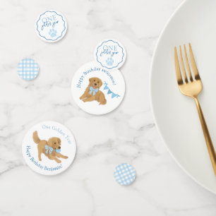 Blauw Gingham Eén Gouden Jaar Puppy Verjaardag Taf Confetti