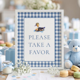 Blauw Gingham Eend Favor Baby Shower Bord Poster
