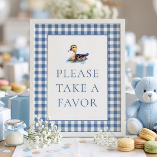 Blauw Gingham Eend Favor Baby Shower Bord Poster