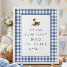 Blauw Gingham Eend Hoeveel Baby Shower Spel Poster