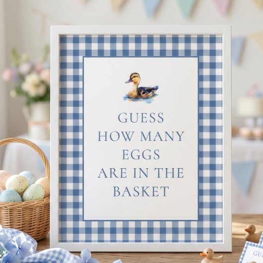 Blauw Gingham Eend Hoeveel Baby Shower Spel Poster