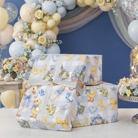 Blauw Gingham Eendje Oh Baby Cadeaupapier