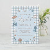 Blauw Gingham Eerste Rodeo Wild West Verjaardag Kaart (Staand voorkant)