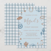 Blauw Gingham Eerste Rodeo Wild West Verjaardag Kaart (Voorkant / Achterkant)