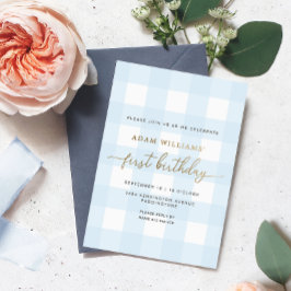 Blauw Gingham Eerste Verjaardag Goud Folie Uitnodi Uitnodiging