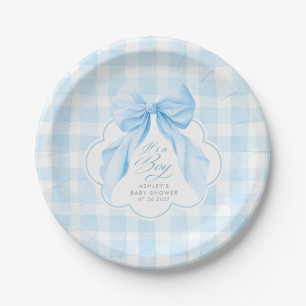Blauw Gingham Elegante Strik Jongens Baby Shower Papieren Bordje