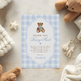 Blauw Gingham Elegante Teddybeer Baby Shower Bedankkaart