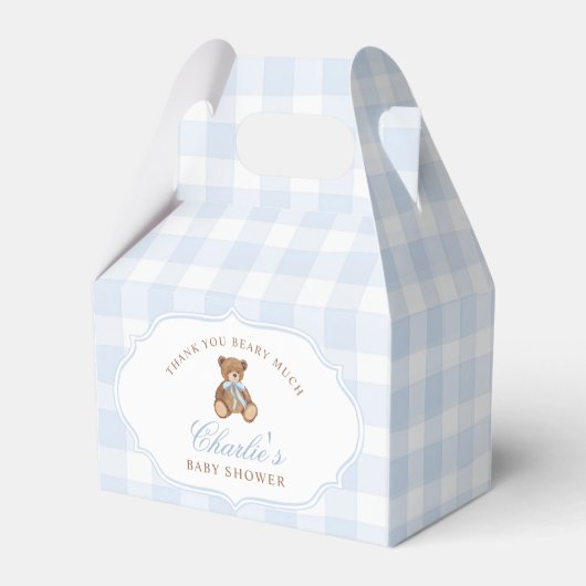 Blauw Gingham Elegante Teddysh Shower Bedankdoosjes (Voorkant Zijde)