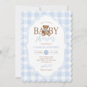 Blauw Gingham Elegante Teddyshower Kaart (Voorkant)