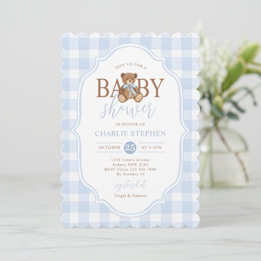 Blauw Gingham Elegante Teddyshower Kaart (Staand voorkant)